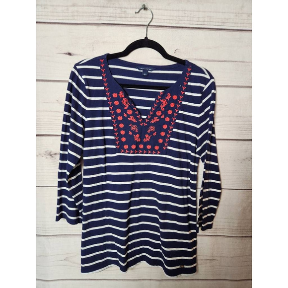 Tommy Hilfiger Womens Blouse Multicolor Striped 3/4 Sleeve V Neck Embroidered M - Picture 1 of 5